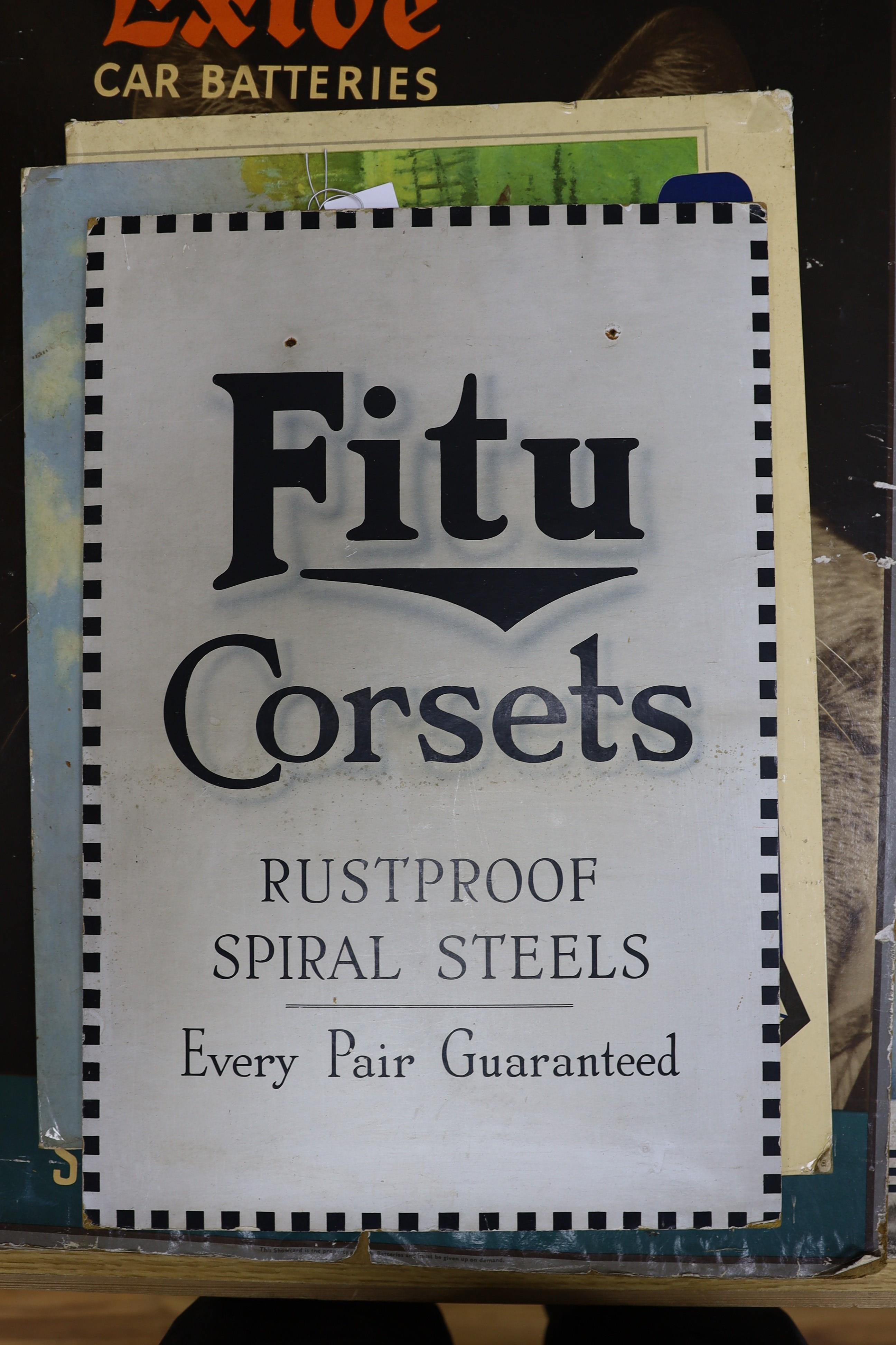 A selection of various shop laminated card advertising signs, to include Ryvita, Fitu Corsets, Player’s Weights etc.